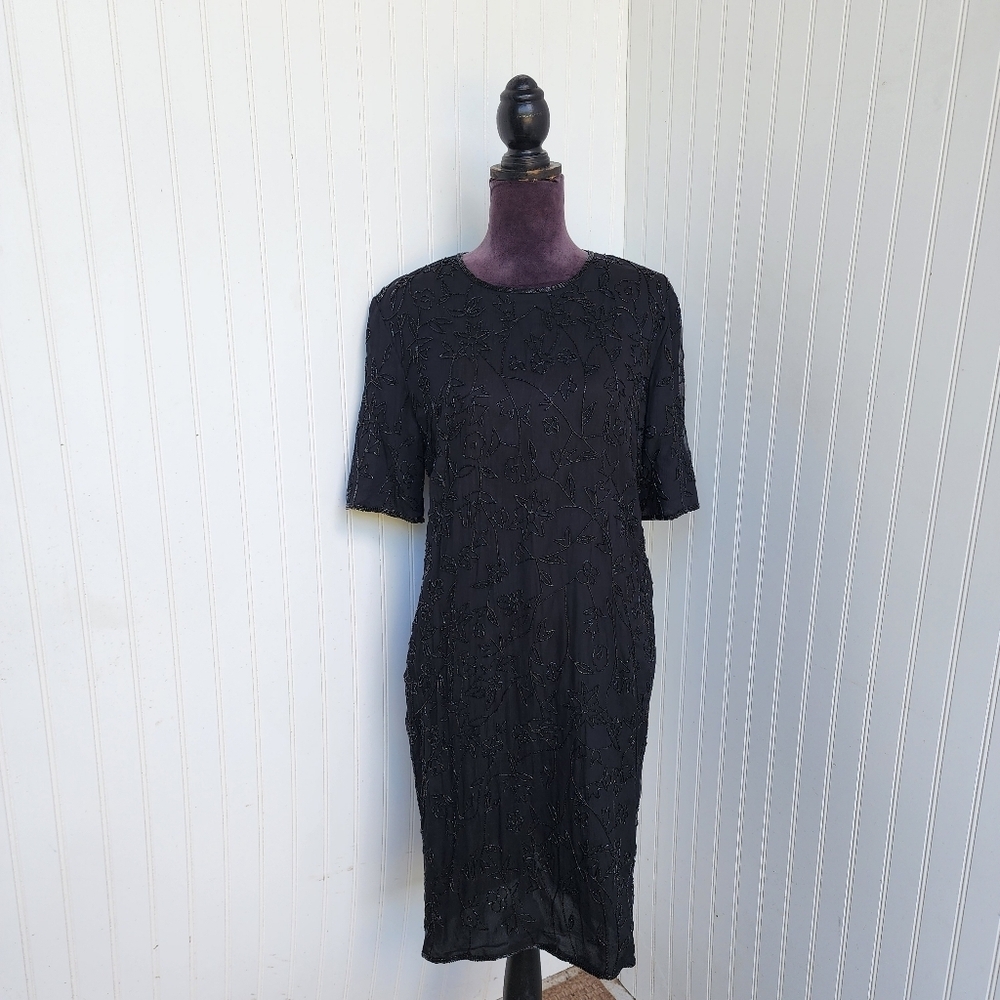 JMD New York Womens 100% Silk Dress Size L Black Sequin Beaded Short Sleeve